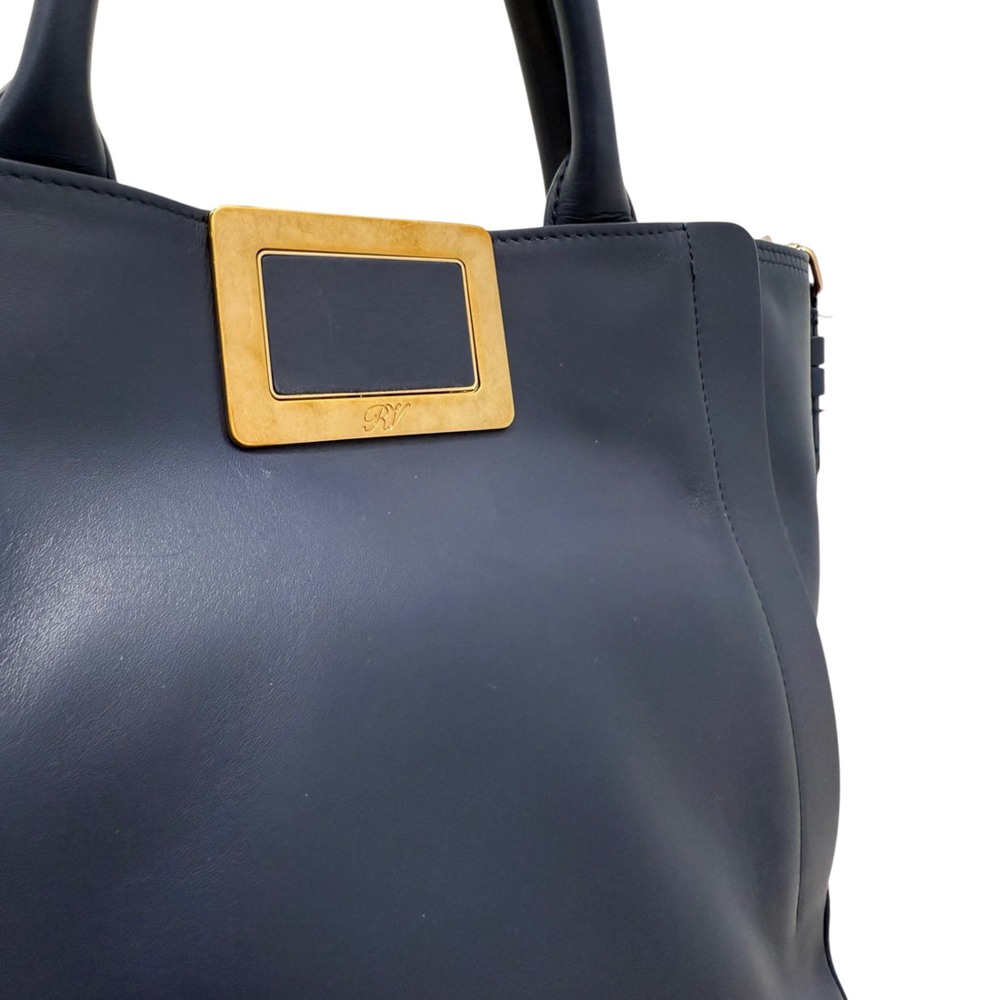 Roger Vivier Navy Blue Leather Top Handle Tote – Structured Handbag with Gold Buckle & Crossbody Strap