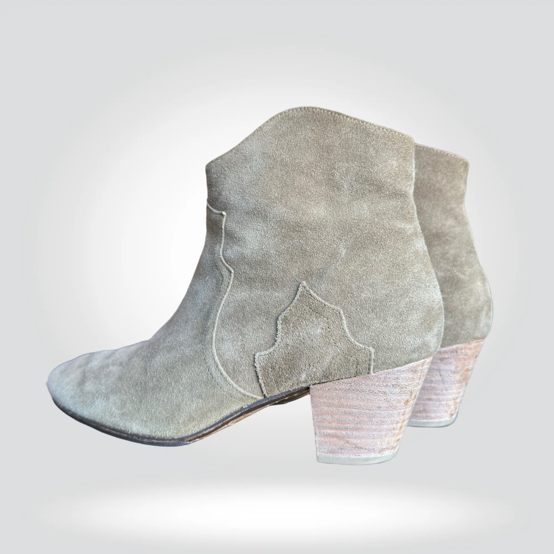 Isabel Marant Dicker boots grey khaki suede stacked wooden heel ankle boot — Style Reissue Vancouver
