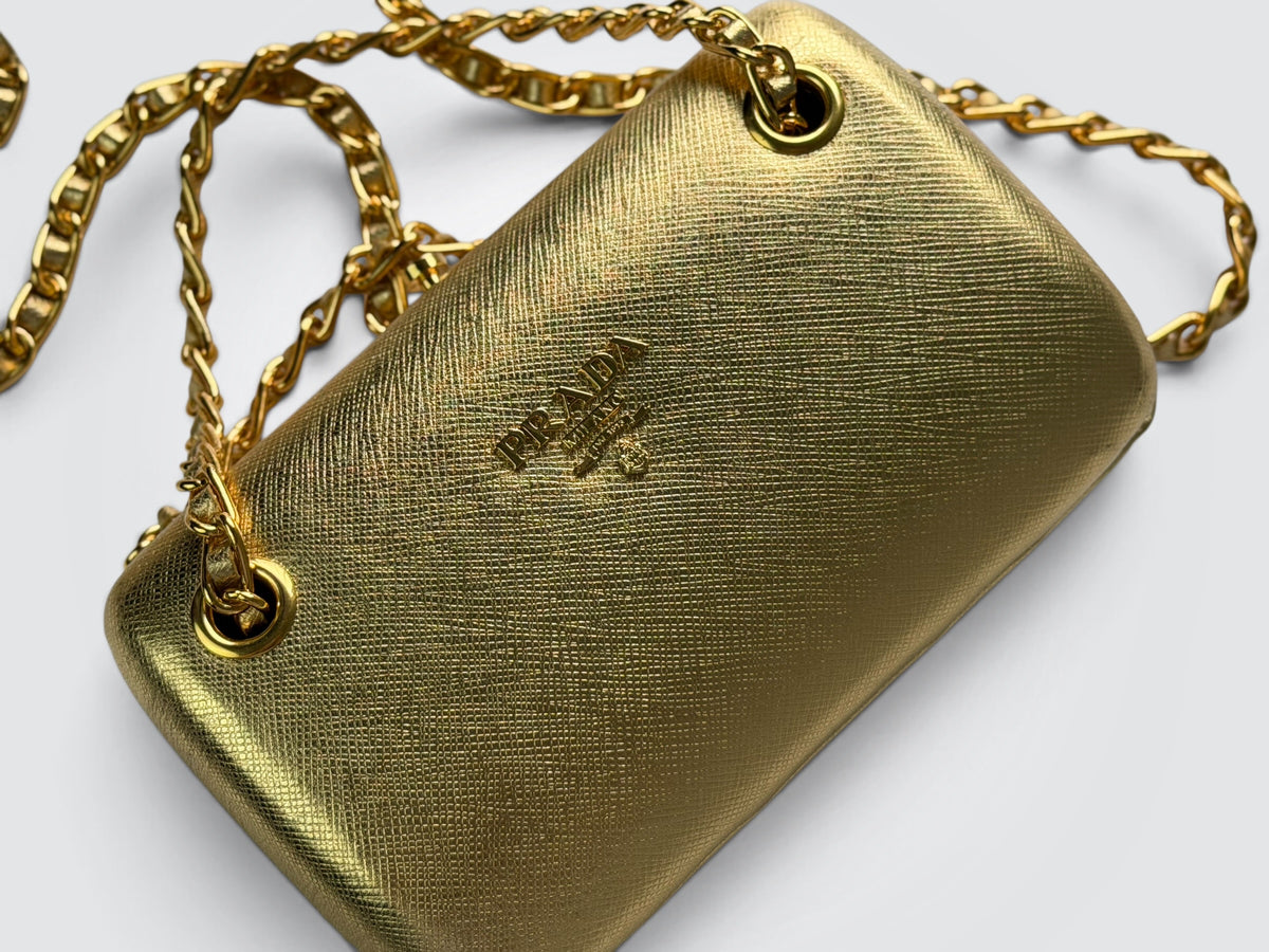 Pre-Owned Prada Gold Metallic Saffiano Leather Wallet on Chain – Shoulder Bag and Clutch