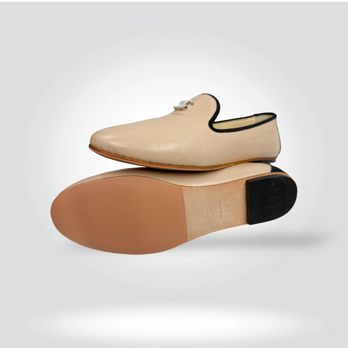 Pre-Owned Chanel Beige Leather CC Logo Loafer Flat Black Contrast Trim Silver Hardware — Size — Condition | Style Reissue Vancouver