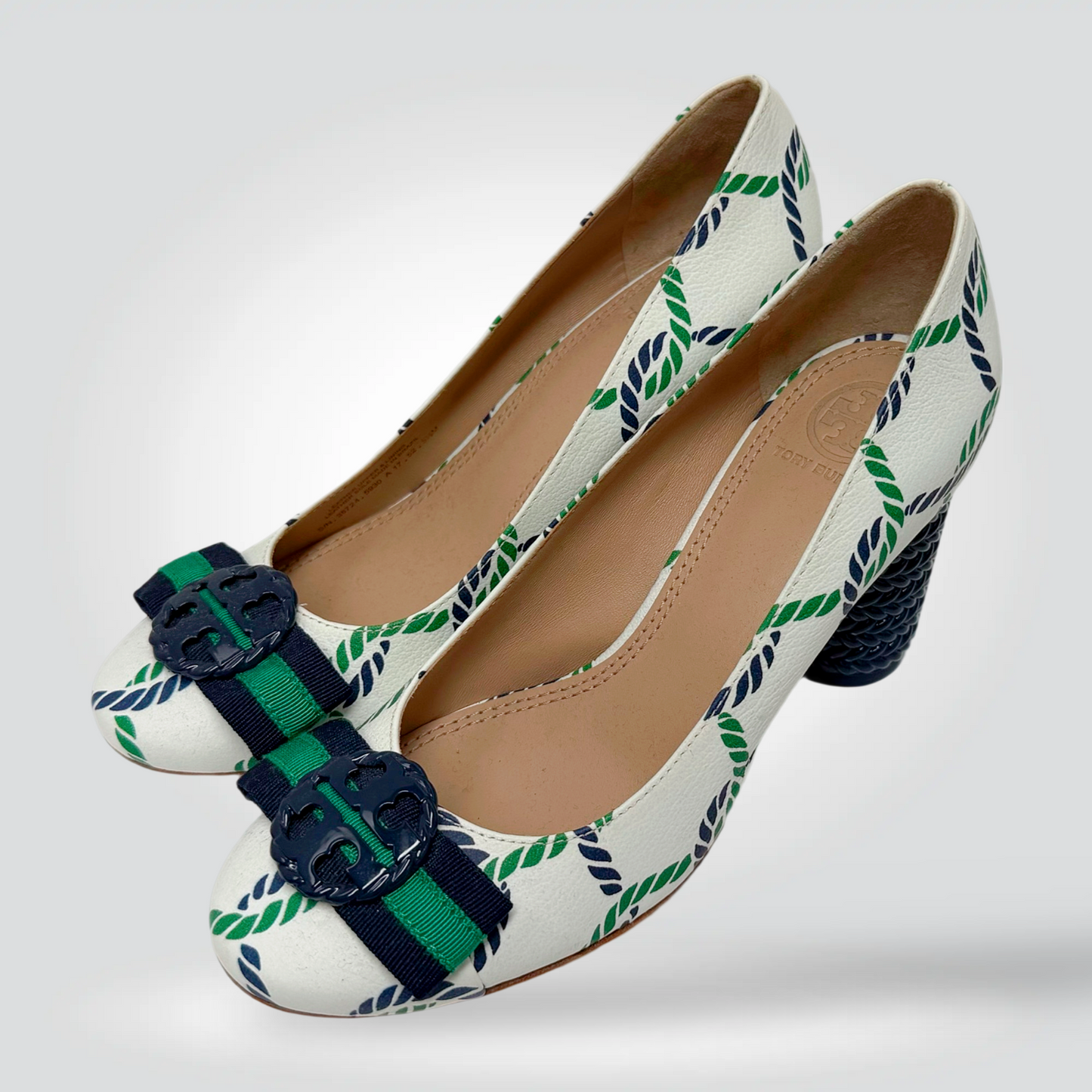 Tory Burch Canvas Pumps White Navy Green Rope Print Grosgrain Bow Block Heel — Size 5.5— Good | Style Reissue Vancouver
