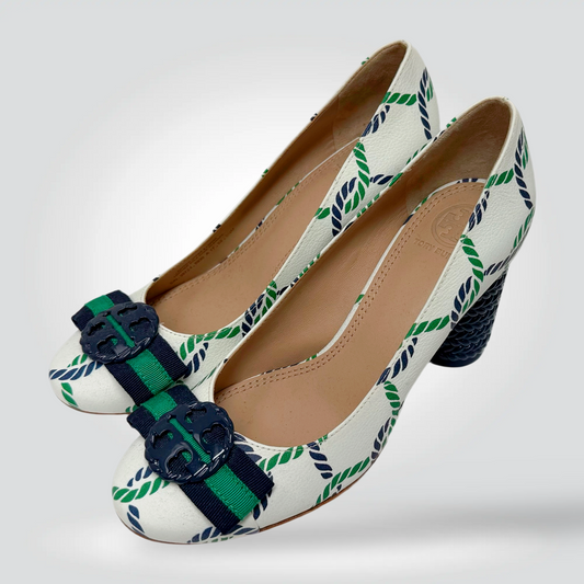 Tory Burch Canvas Pumps White Navy Green Rope Print Grosgrain Bow Block Heel — Size 5.5— Good | Style Reissue Vancouver
