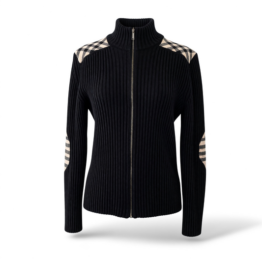 Pre-owned Burberry black rib-knit zip-up drivers cardigan with signature check shoulder panels and funnel neck, size L, made in Italy