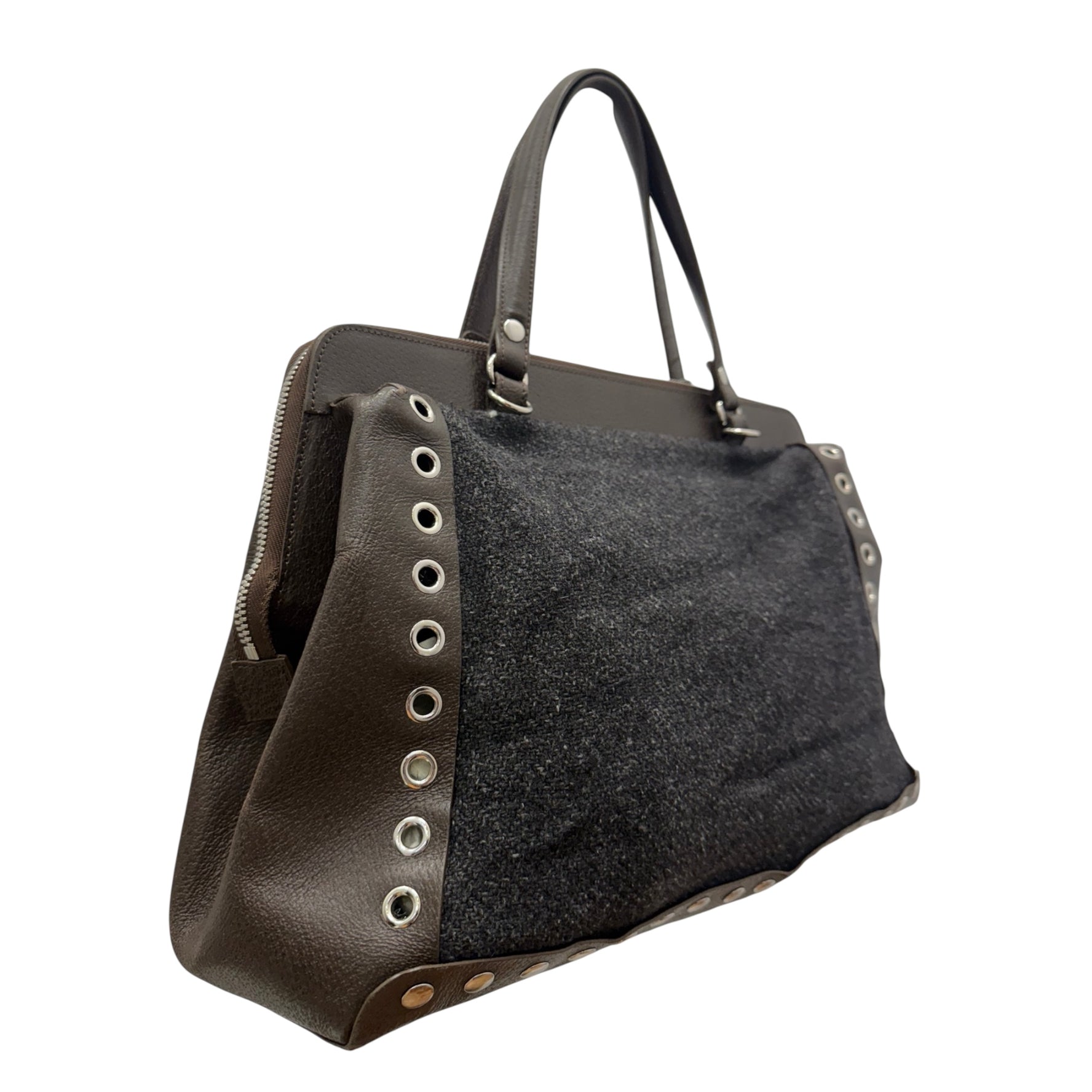Marni Charcoal Tweed & Brown Leather Tote Bag – Structured Designer Handbag with Grommet Detail | Made in Italy