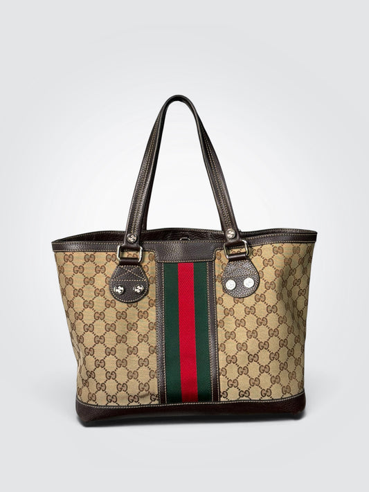 Pre-loved vintage Gucci GG canvas medium Sunset tote with dark brown leather trim and signature green and red Web stripe.