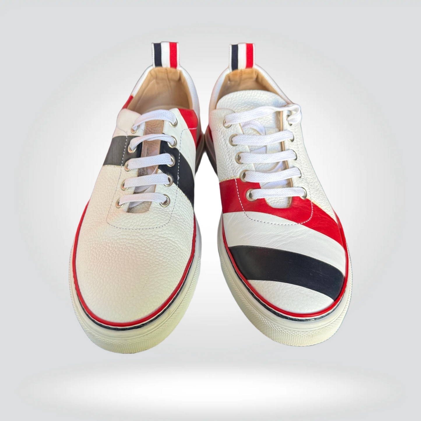 Thom Browne Low Top Sneakers White Leather Red White Navy Stripe Heel Counter — Size 39 Good  | Style Reissue Vancouver