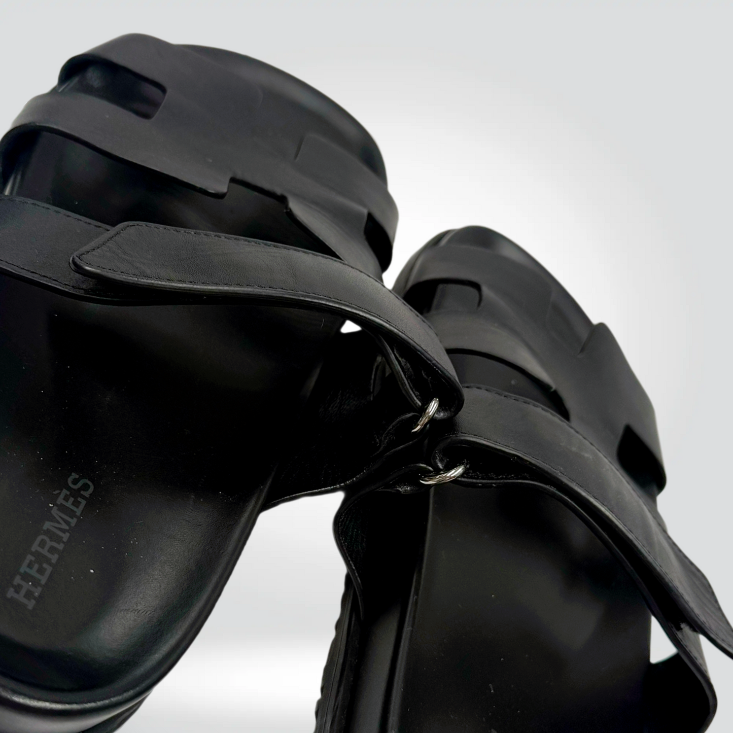 Pre-Owned Hermès Chypre Sandals Black Leather Double H-Strap Adjustable Buckle — Size 37— Good | Style Reissue Vancouver