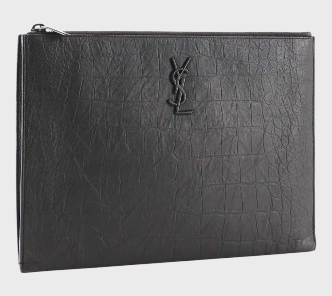 Saint Laurent Classic Monogram Zip Pouch Crocodile Embossed Leather Medium