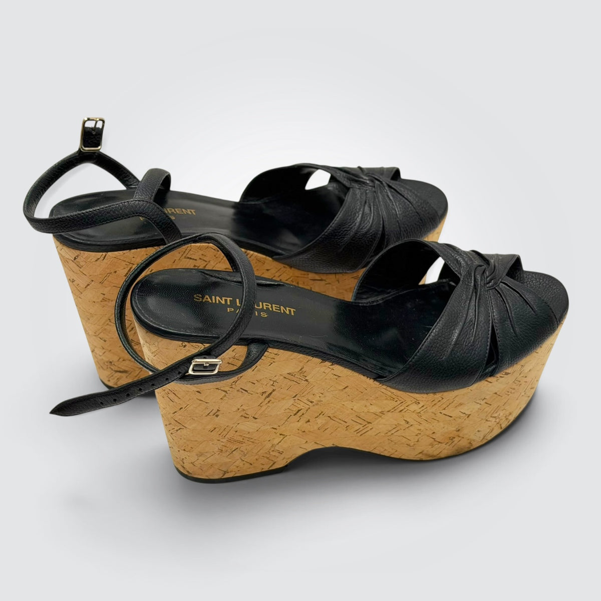 Pre-owned Saint Laurent Bianca black leather cork wedge sandals