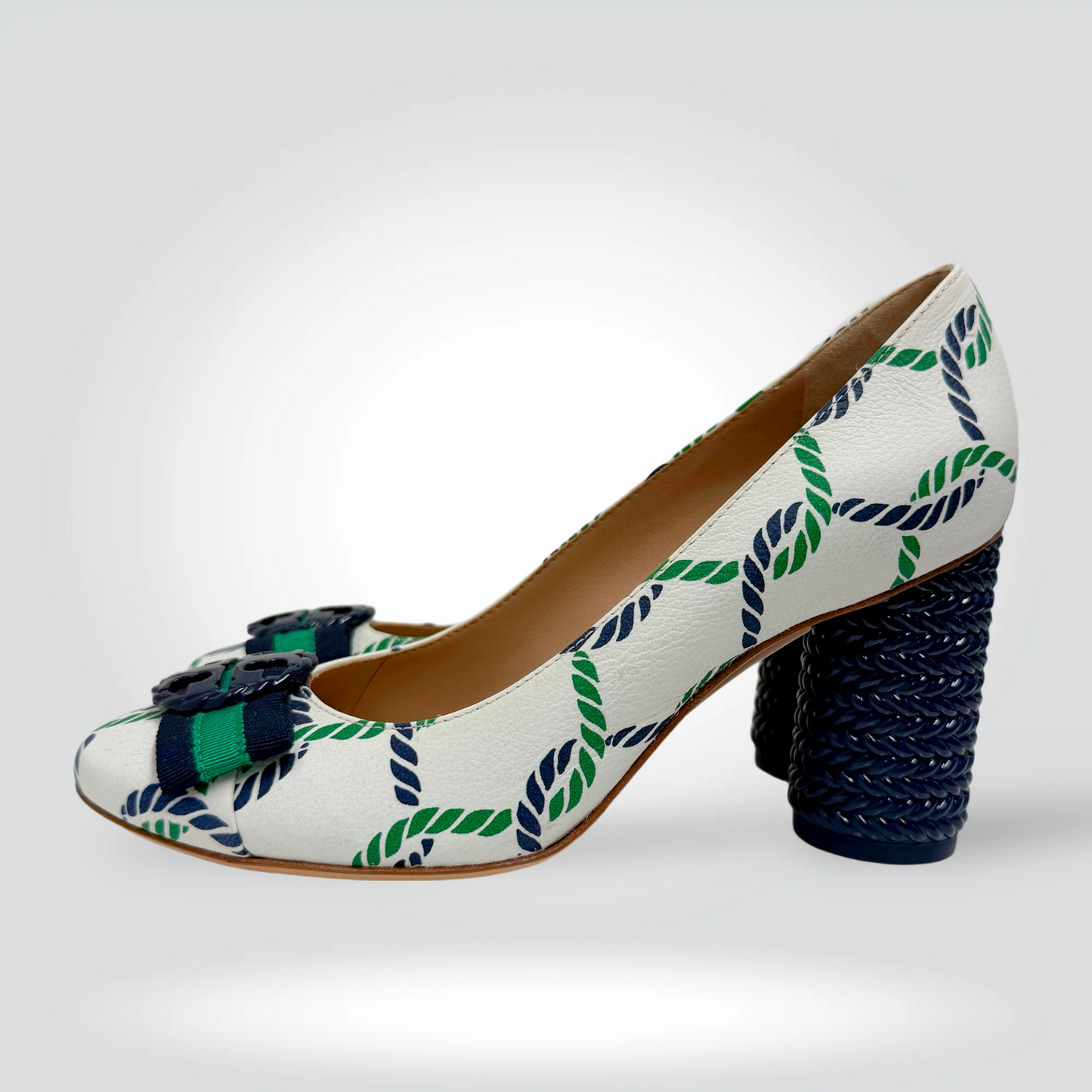 Tory Burch Canvas Pumps White Navy Green Rope Print Grosgrain Bow Block Heel — Size 5.5— Good | Style Reissue Vancouver