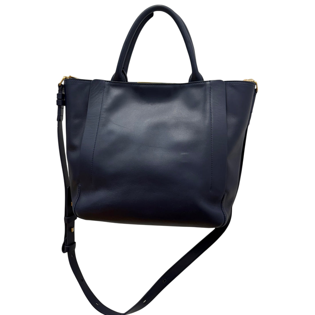 Roger Vivier Navy Blue Leather Top Handle Tote – Structured Handbag with Gold Buckle & Crossbody Strap