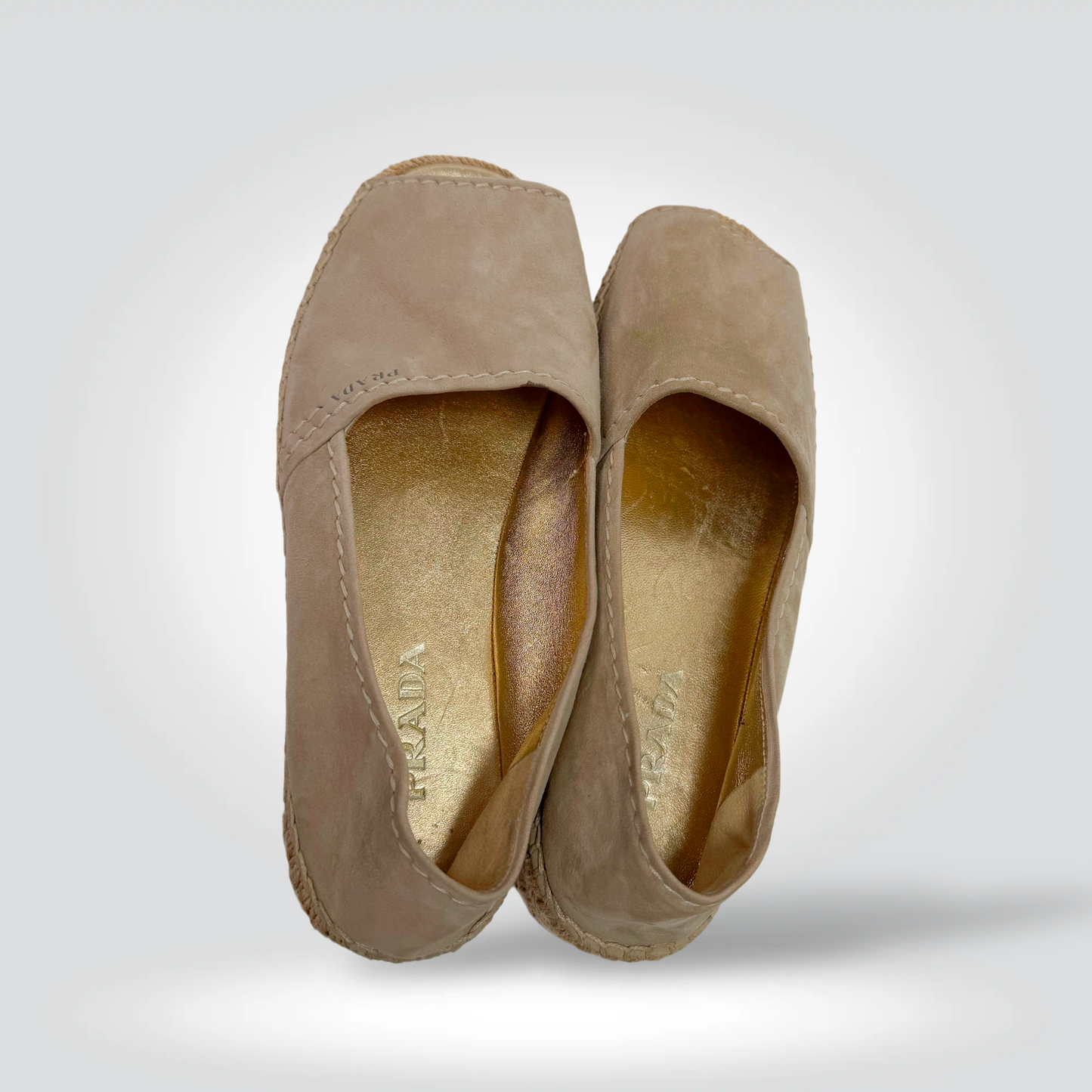 re-Owned Prada Quartz Open toe Beige  Suede Espadrille Flat Gold Footbed — Size 38 — Very Good | Style Reissue Vancouver