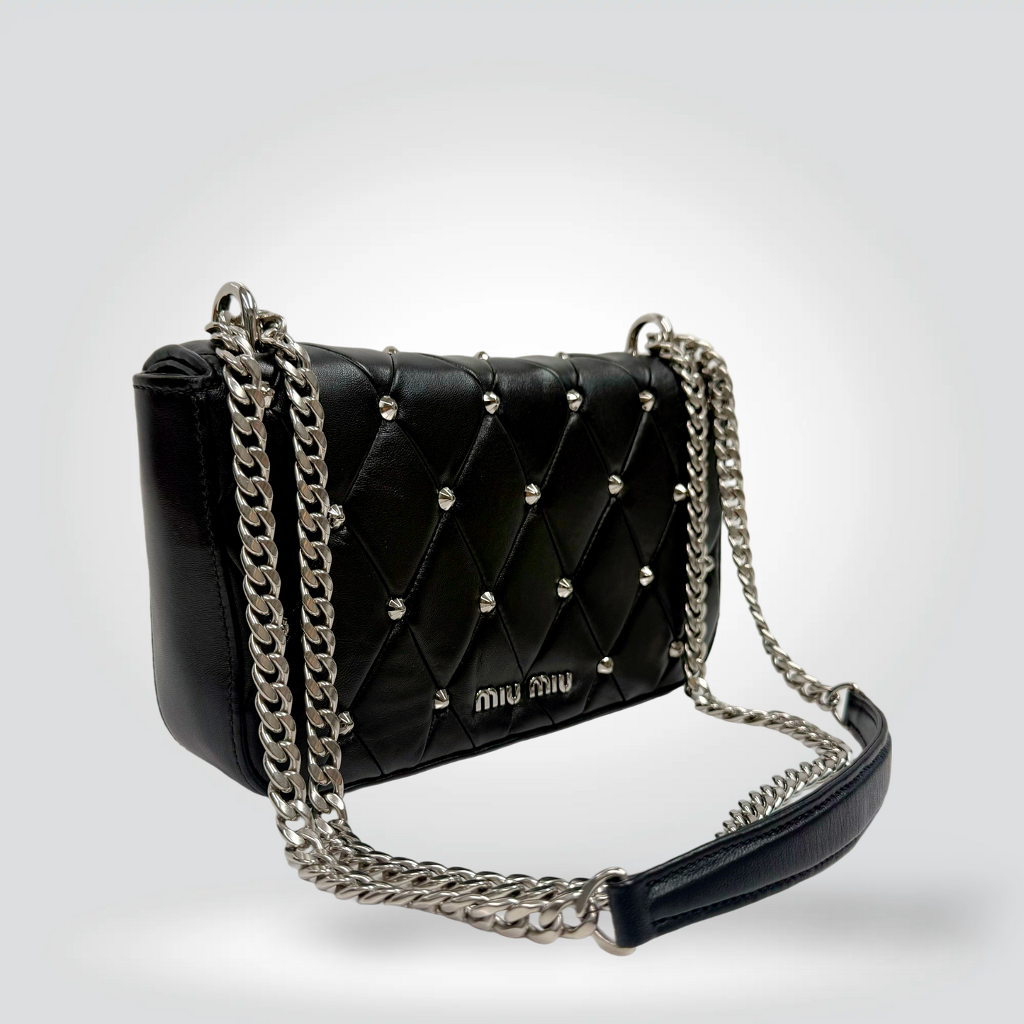 Miu Miu Quilted Leather Studded Flap Bag Black Silver Dome Studs Chain Strap — Excellent | Style Reissue Vancouver