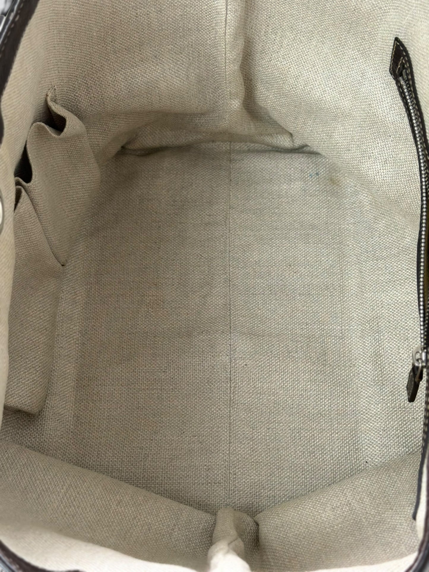 vintage Gucci GG canvas medium Sunset tote featuring dark brown leather trim and the signature green and red Web stripe.