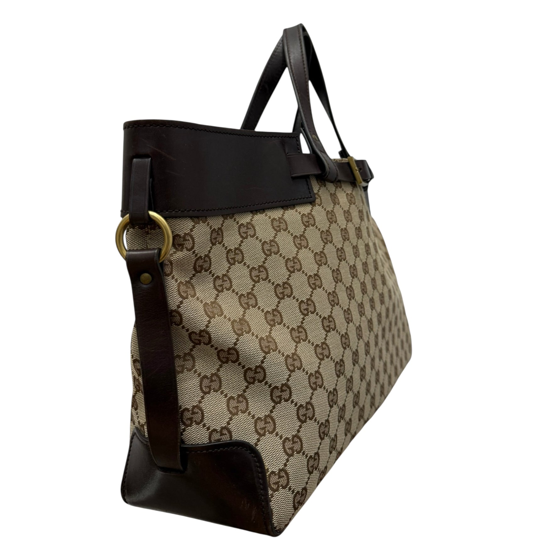 Gucci GG Supreme Canvas and Leather Tote – Vintage Monogram Top Handle Bag with Gold Buckle Belt Detail