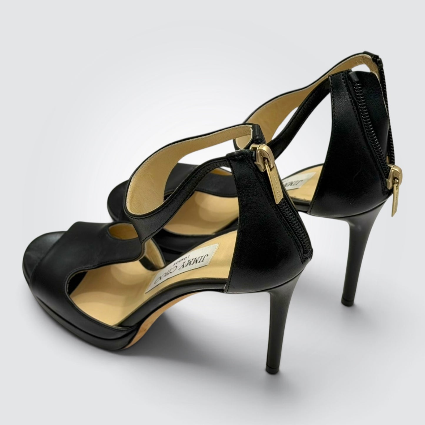 Pre-Owned Jimmy Choo Black Leather Cutout T-Strap Platform Sandals