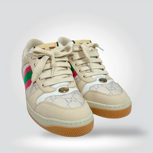 Pre-Owned Gucci Screener Sneakers Beige GG Canvas Green Red Web Stripe Gum Sole — Size 39.5— VERY GOOD | Style Reissue Vancouver