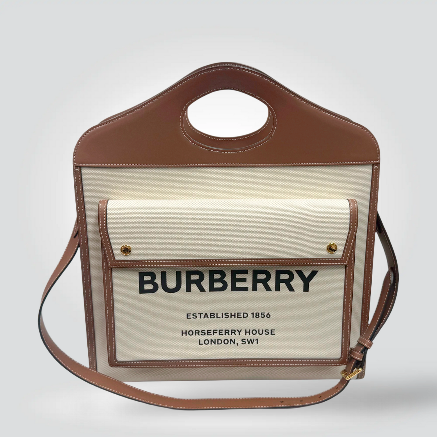 Burberry Pocket Bag canvas tan leather logo print crossbody pristine — Style Reissue Vancouver