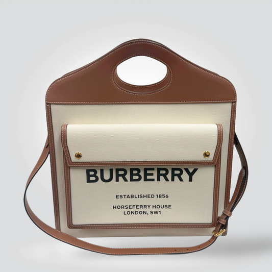 Burberry Pocket Bag canvas tan leather logo print crossbody pristine — Style Reissue Vancouver