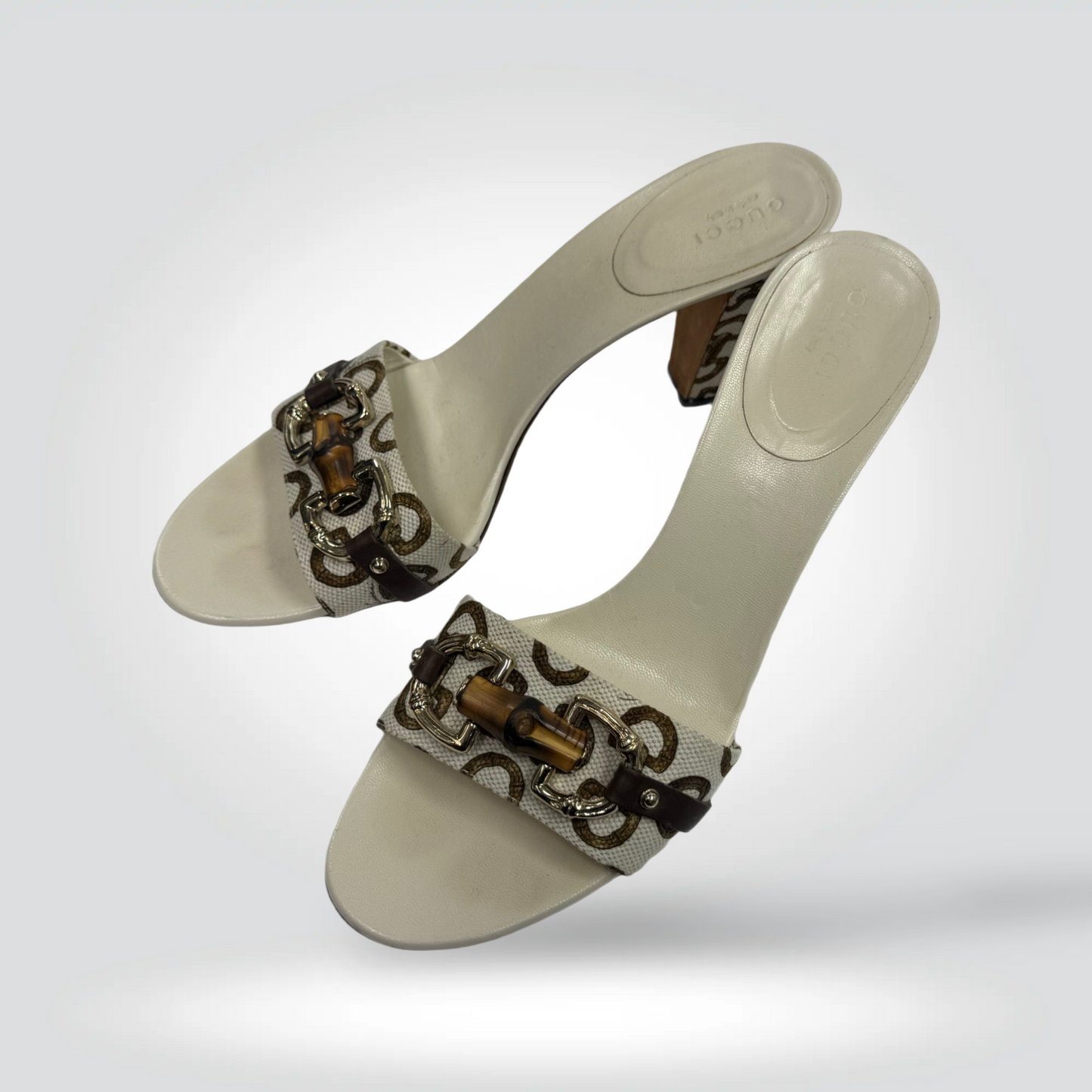 Pre-Owned Gucci cream ivory GG canvas horsebit bamboo chain mule heel 3.5 inch — Style Reissue Vancouver