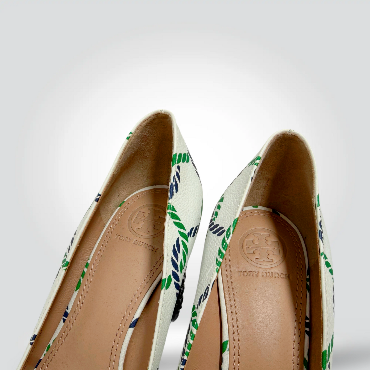 Tory Burch Canvas Pumps White Navy Green Rope Print Grosgrain Bow Block Heel — Size 5.5— Good | Style Reissue Vancouver