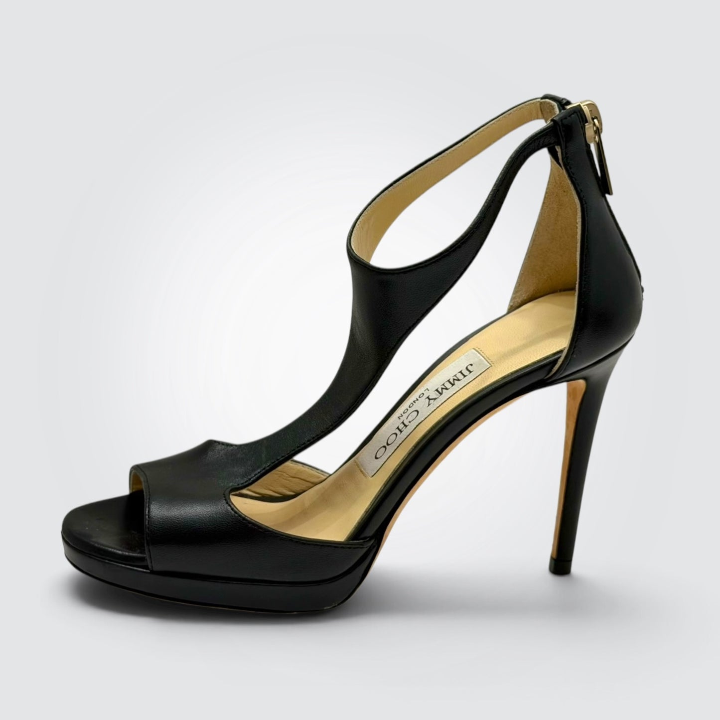 Pre-Owned Jimmy Choo Black Leather Cutout T-Strap Platform Sandals