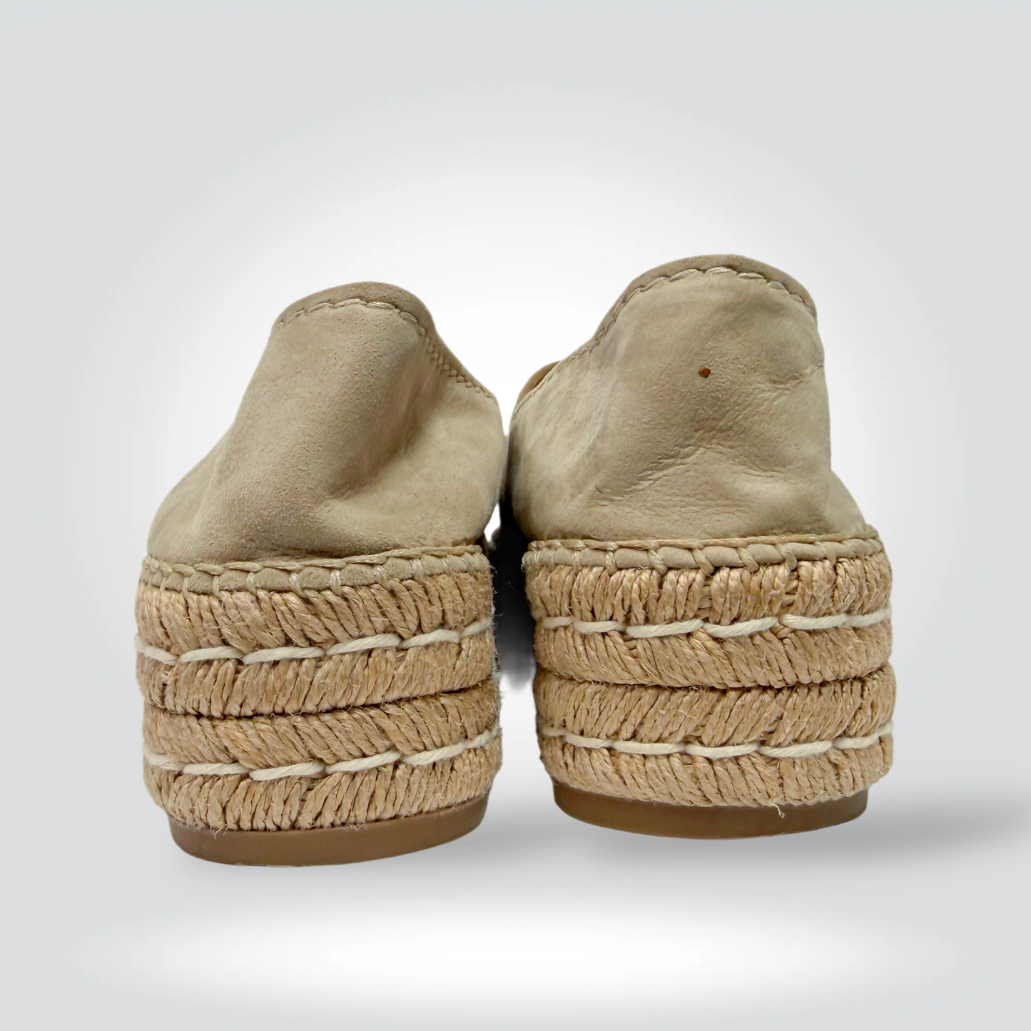 re-Owned Prada Quartz Open toe Beige  Suede Espadrille Flat Gold Footbed — Size 38 — Very Good | Style Reissue Vancouver