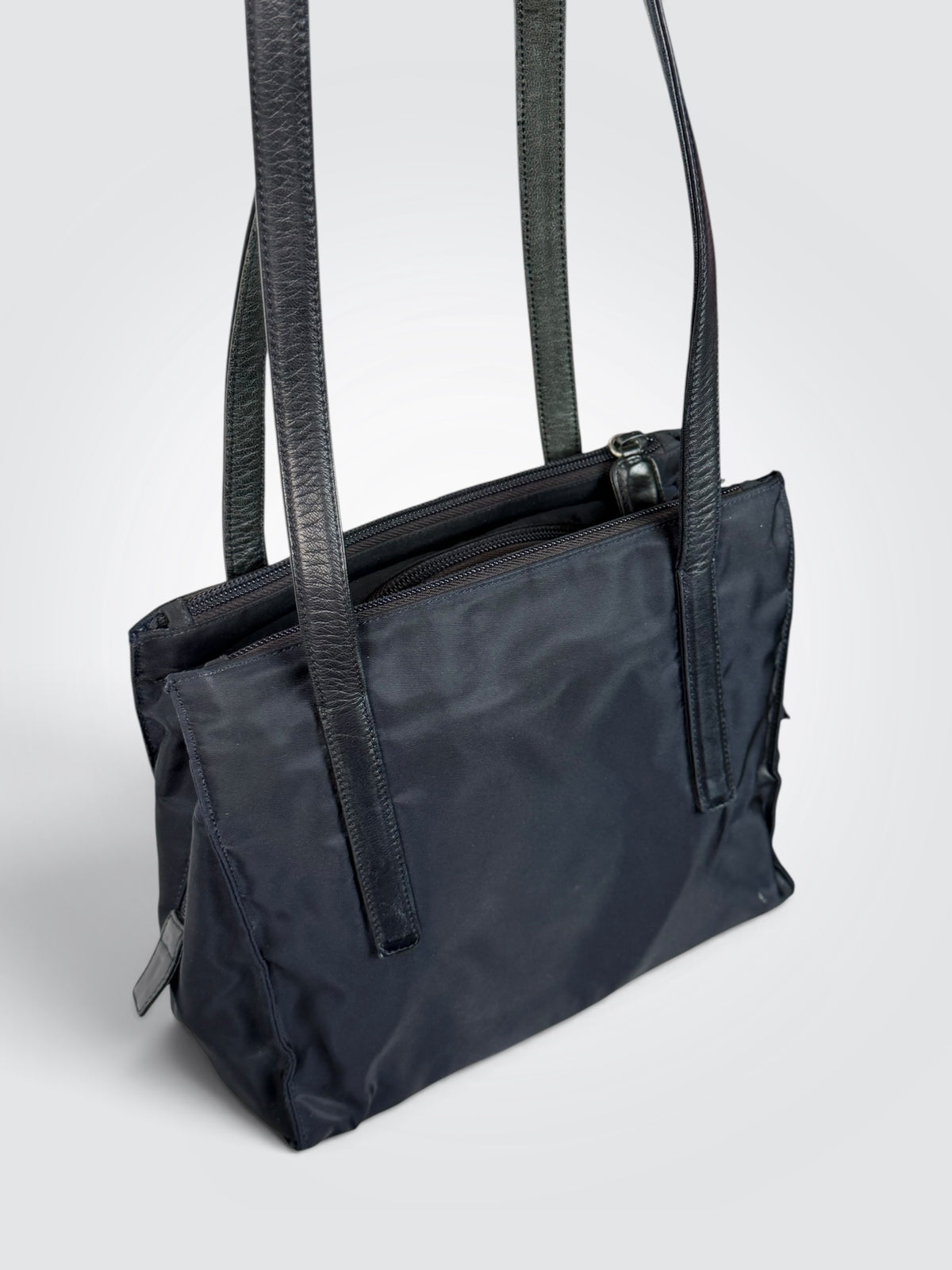 Pre-Owned Prada Black Nylon 3-Compartment Tote Shoulder Bag with Leather Trim