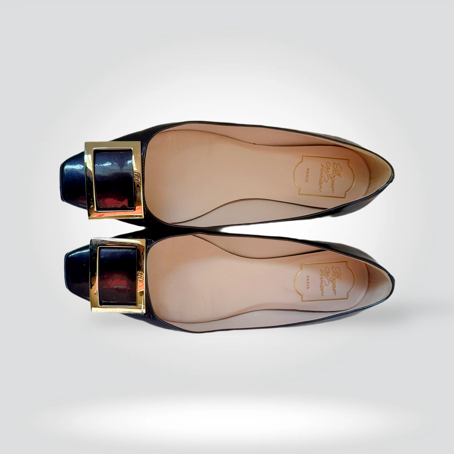 Roger Vivier Belle Vivier Flat Navy Patent Leather Gold Square Buckle Pointed Toe — Size 38— Good | Style Reissue Vancouver