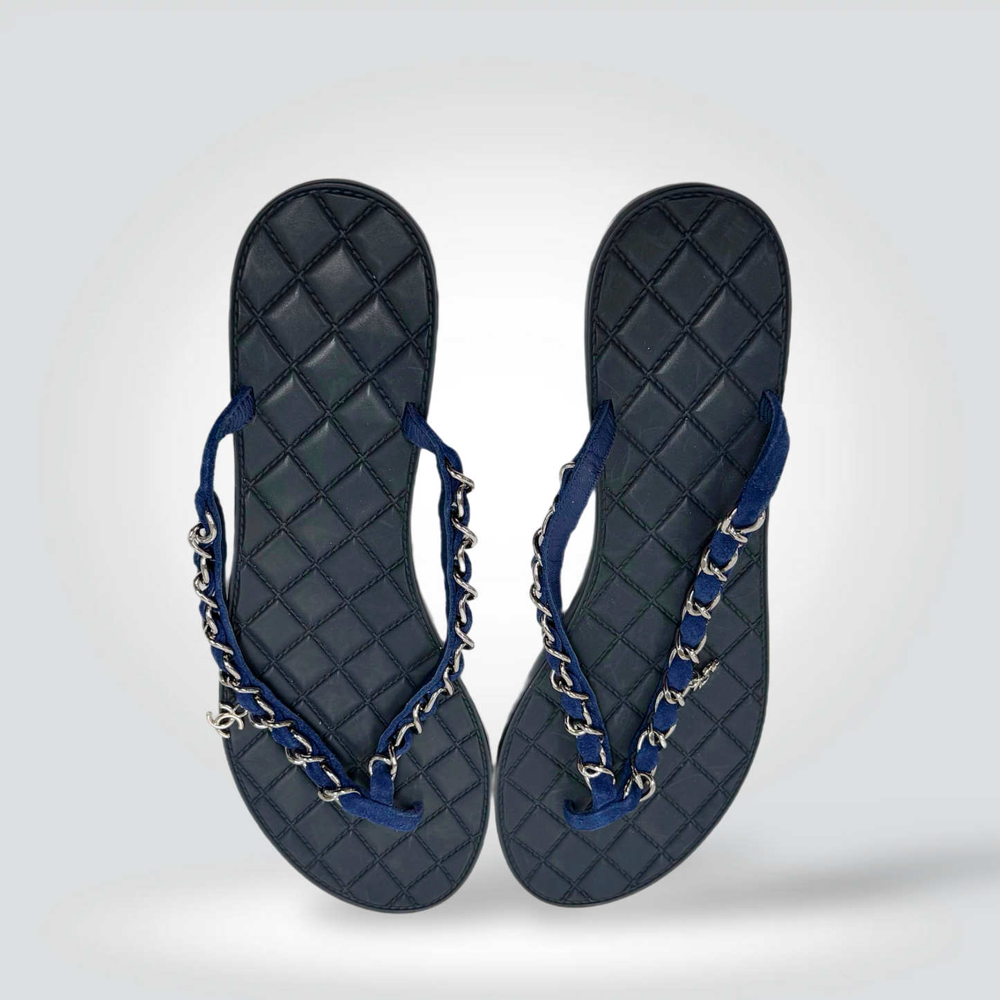 Chanel Coco Neige Chain thong Sandal Navy Blue Suede -Very Good |Stylereissue Vancouver