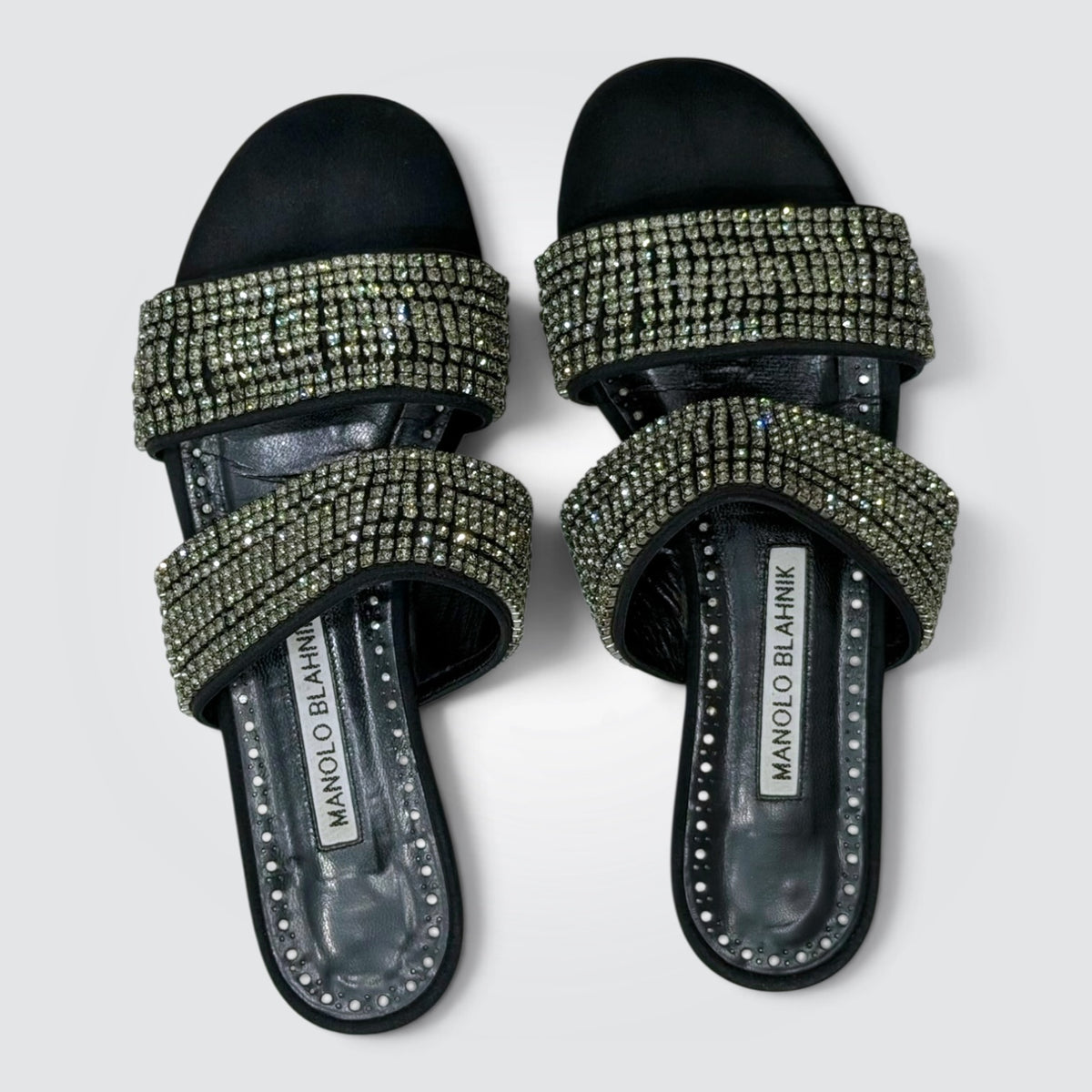 Pre-Owned Manolo Blahnik Martamod Black Crystal Embellished Flat Slide Sandals
