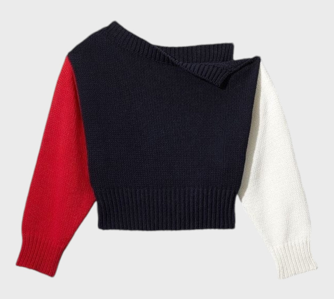 Monse Upside Down Varsity Sweater 
Navy, White, Red