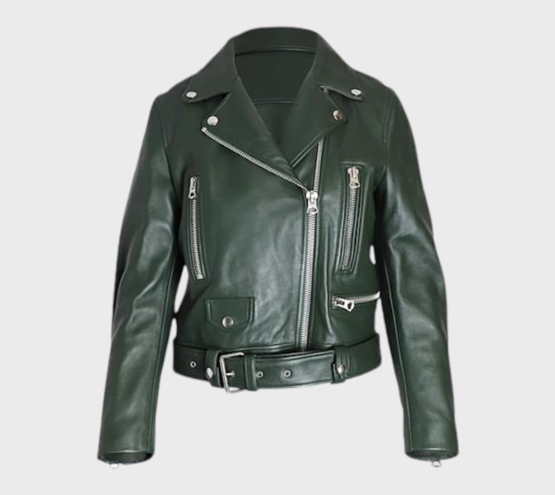 Acne Studios Mock Leather Moto Jacket in Green Leather Size 38