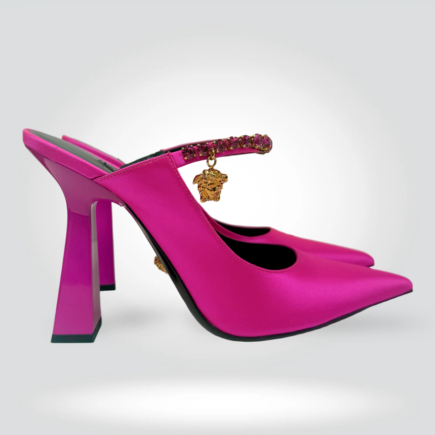 Versace Satin Stiletto Mules Hot Pink Crystal Jewelled Ankle Strap — Size 41— Never worn Style Reissue Vancouver