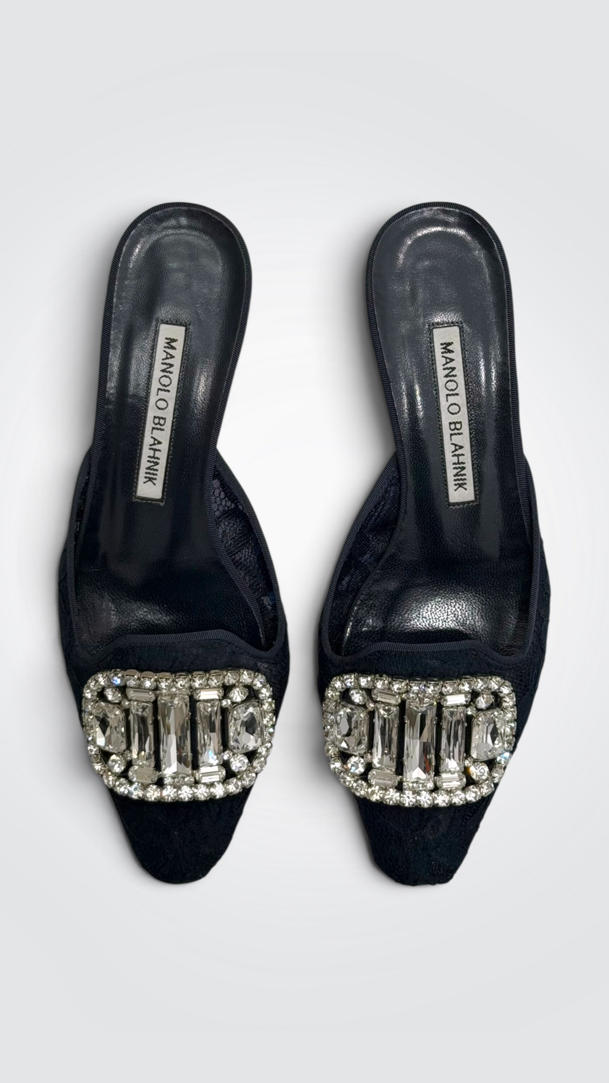 Pre-Owned Manolo Blahnik Maysale Navy Blue Lace Crystal Buckle Mules