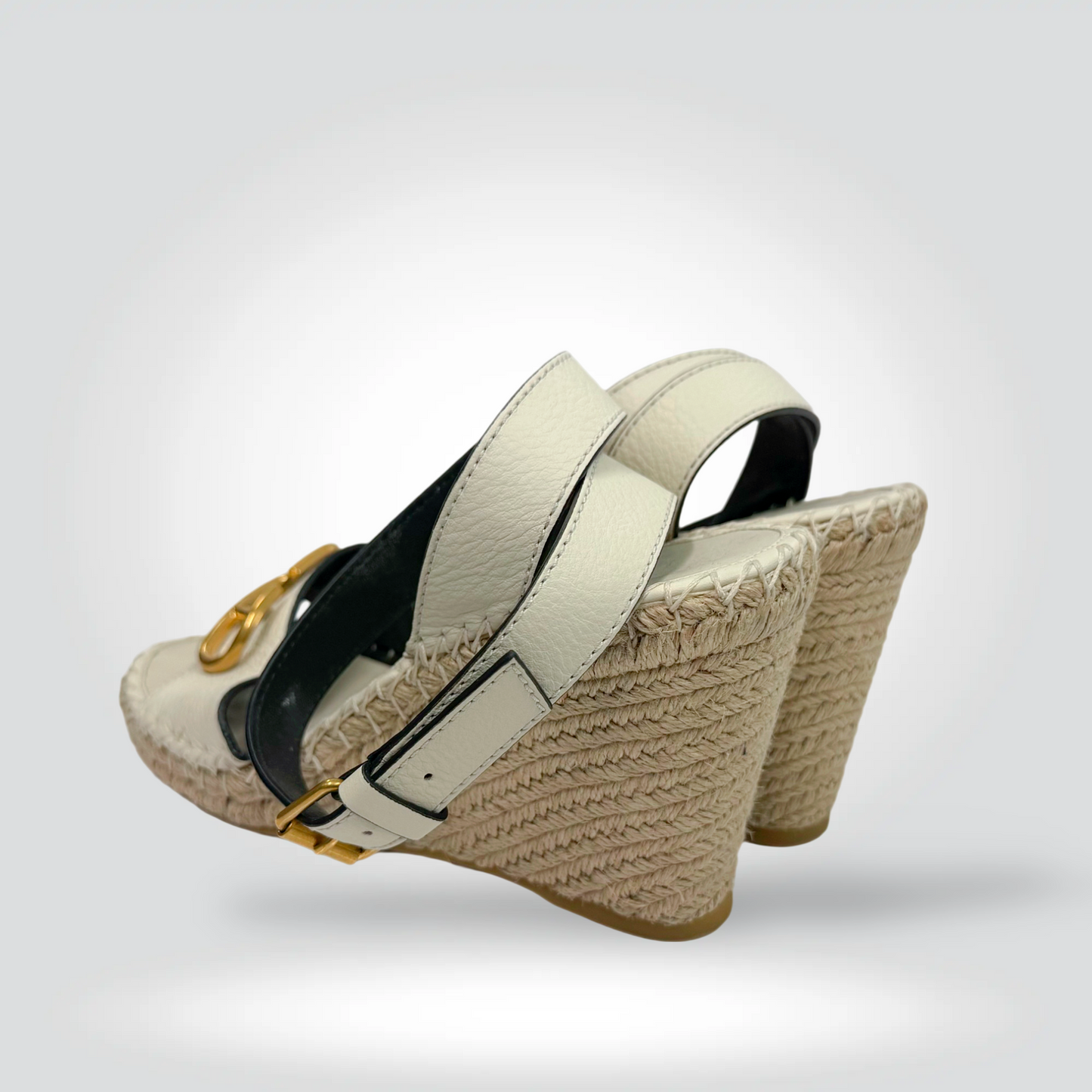 Pre-Owned Valentino VLogo Cream Leather Gold Hardware Slingback Wedge Espadrille Sandal 4" — Size 39 — Very Good | Style Reissue Vancouver