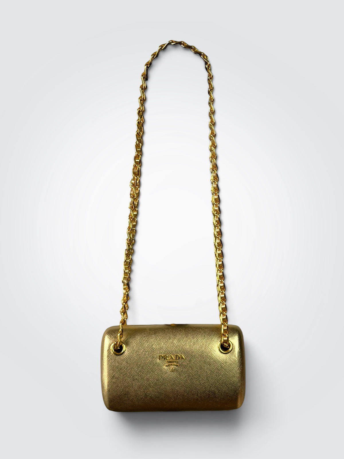 Pre-owned Prada gold metallic Saffiano leather wallet on chain styled as a shoulder bag and clutch.