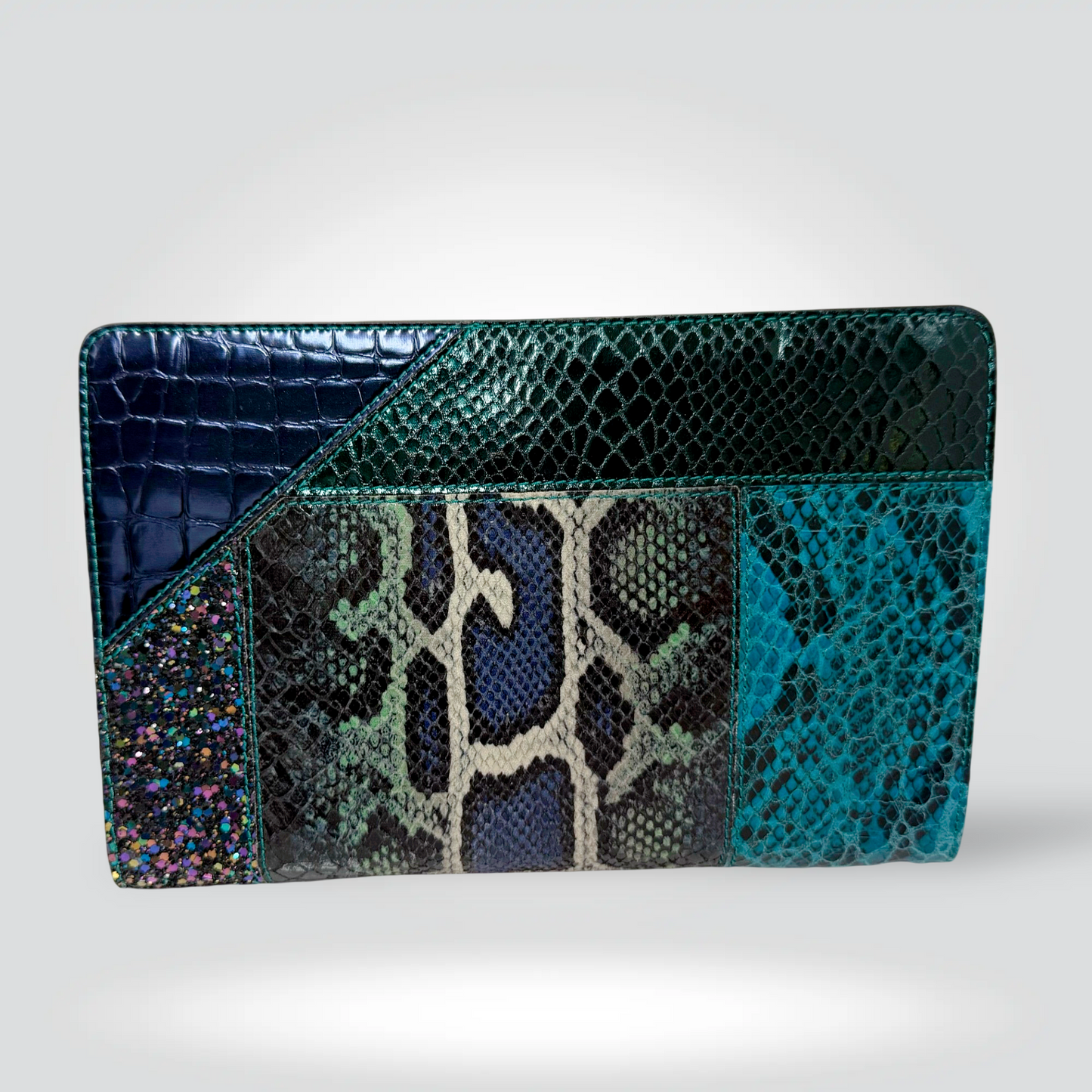 Stella Mccartney Mixed Exotic Print Clutch Teal Python Navy Croc Multicolour Glitter — Pristine | Style Reissue Vancouver