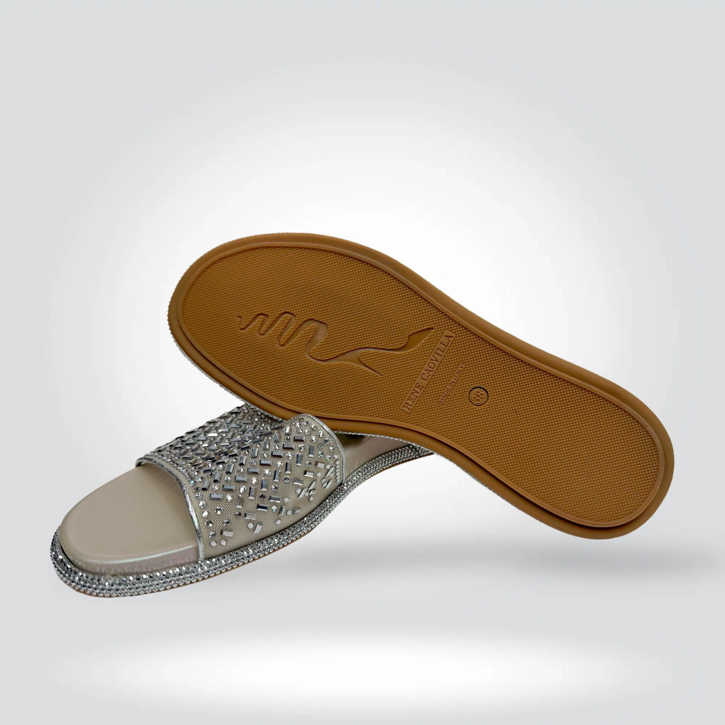 re-Owned René Caovilla Silver Embellished Woven Cut-Out Slide Sandals Flat — Size38 —Pristine  | Style Reissue Vancouver