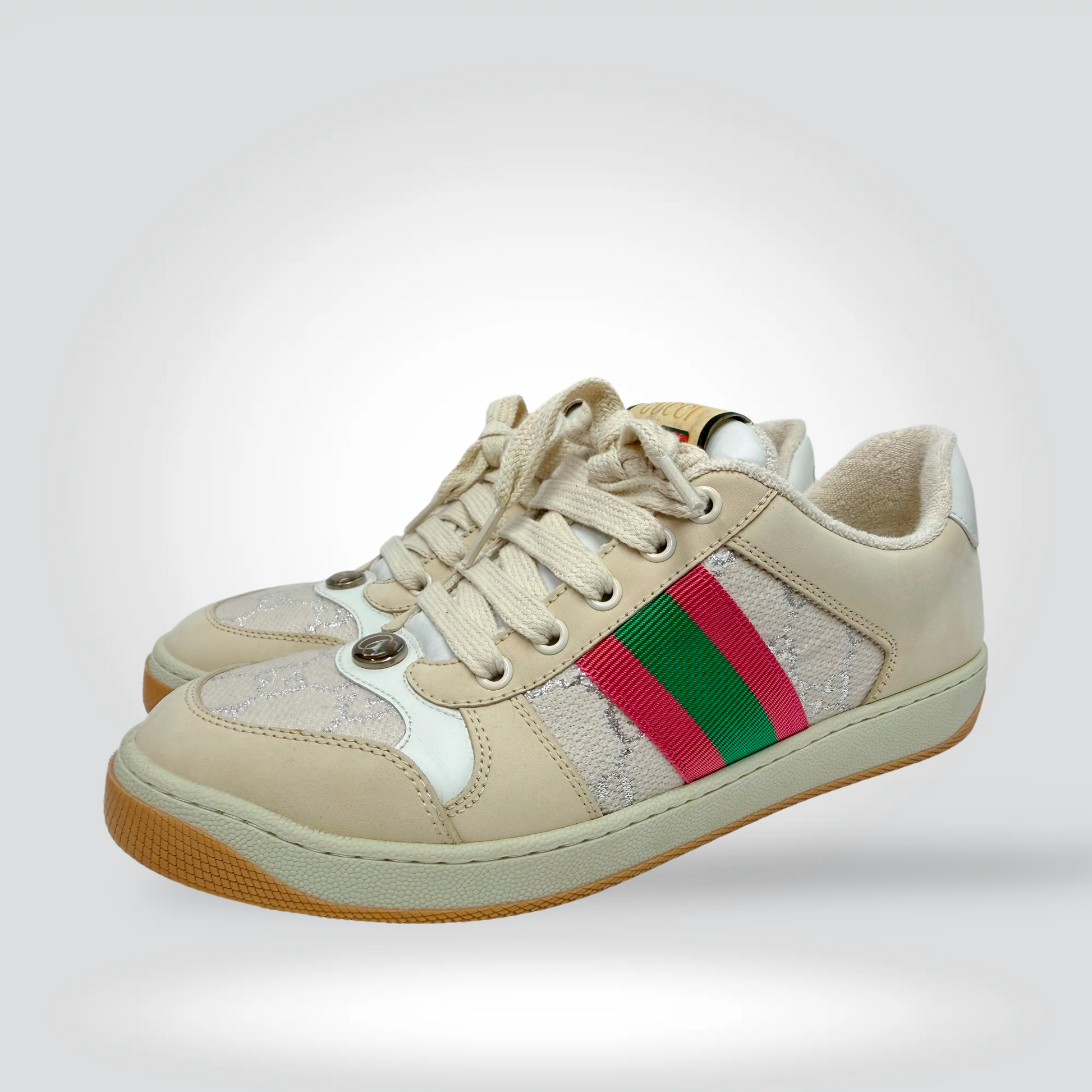 Pre-Owned Gucci Screener sneakers beige GG canvas green red web stripe gum sole — Style Reissue Vancouver