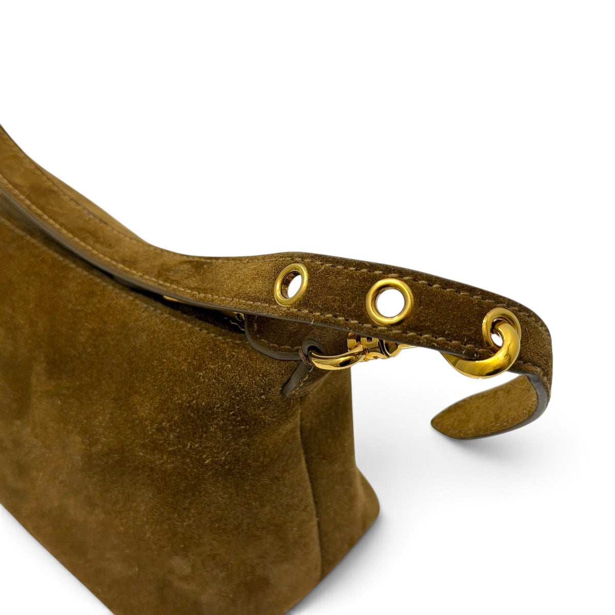 Brown Suede Small Shoulder Bag Embossed Logo Gold Hardware