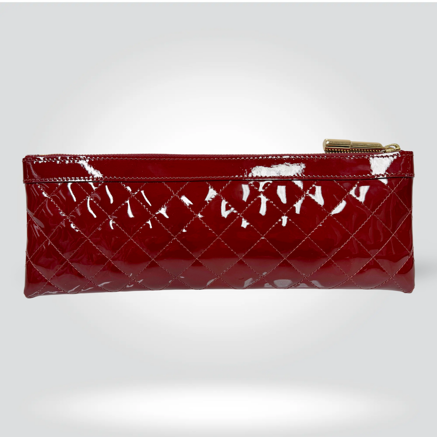 Burberry Quilted Patent Leather Zip Pouch Burgundy Red Gold Zip Equestrian Logo — Excellent Style Reissue Vancouver
