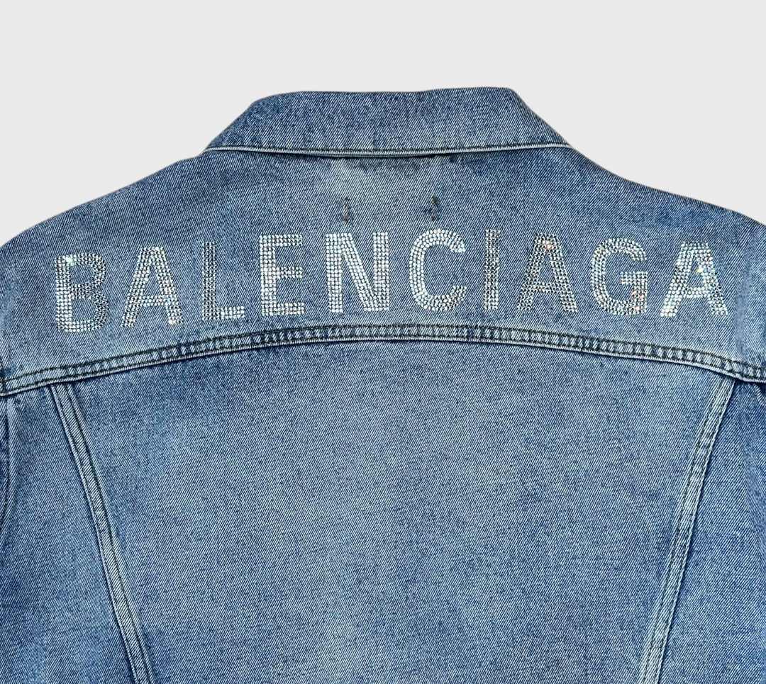 Balenciaga Crystal Logo Cotton Denim Jacket In Blue
