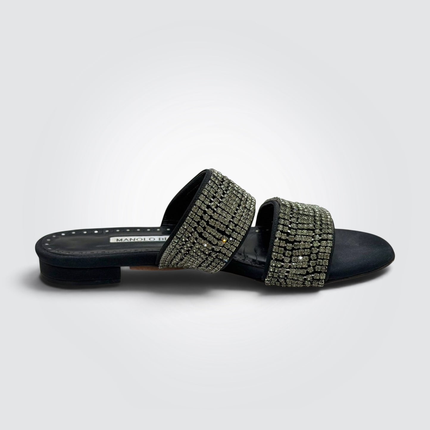 Pre-Owned Manolo Blahnik Martamod Black Crystal Embellished Flat Slide Sandals