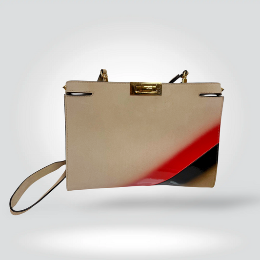 Fendi Peekabo colour block tote bag beige red black gold hardware structured — Style Reissue Vancouver
