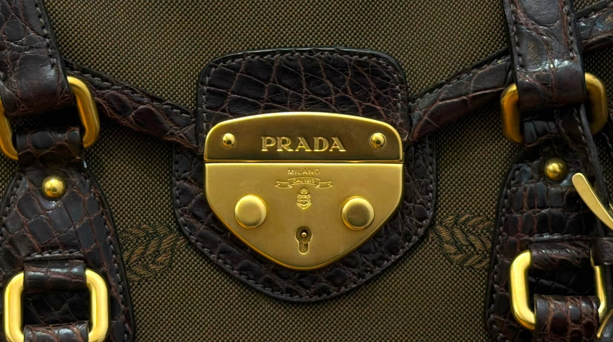 Pre-Owned Vintage Prada Canapa Brown Canvas Tote Bag with Crocodile-Embossed Leather Trim and Lock