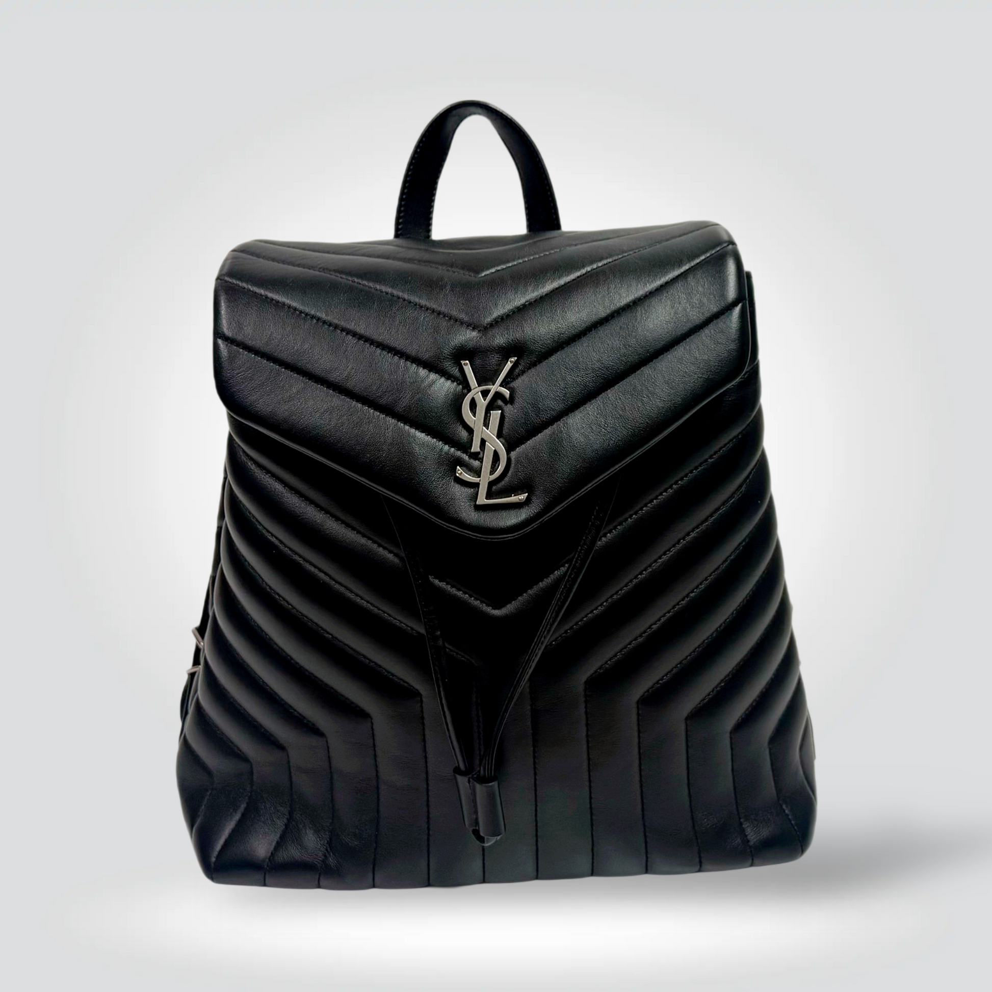 Pre-Owned Saint Laurent Loulou backpack black Y-quilted leather silver YSL monogram top handle — Style Reissue Vancouver