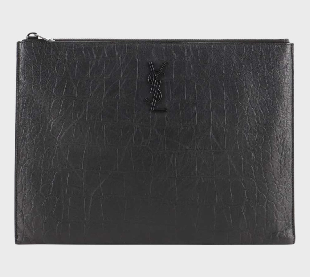 Saint Laurent Classic Monogram Zip Pouch Crocodile Embossed Leather Medium