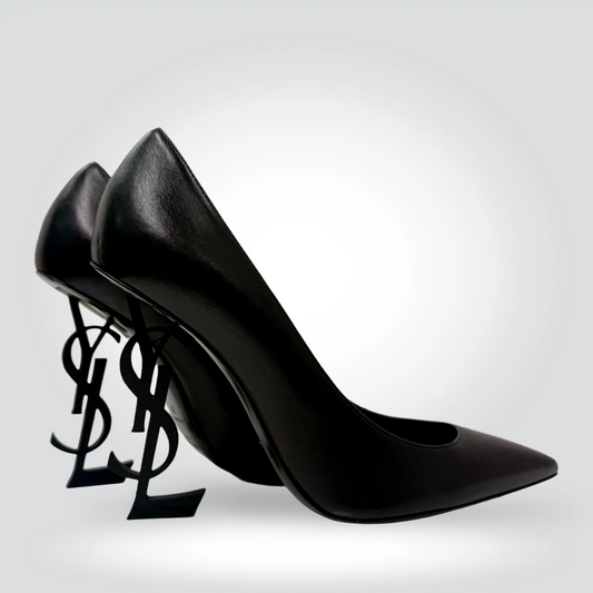 Saint Laurent Opyum Pumps Black Leather YSL Logo Heel Pointed Toe — Size 37-Never Worn | Style Reissue Vancouver