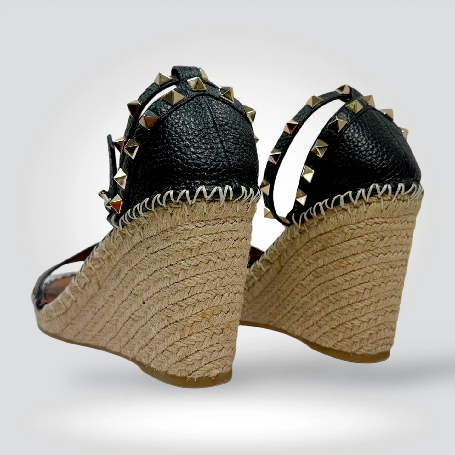 Valentino Garavani Rockstud Espadrille Platform Sandals Black Leather Jute Sole — Size 39— [Condition] | Style Reissue Vancouver